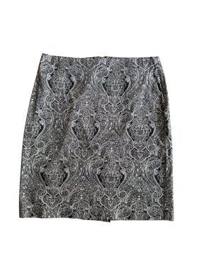 Talbots Black White Paisley Pencil Skirt Size 8P Petite Back Zipper Slit Cotton
